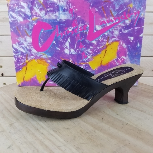 Slide Sandal 7M CL Jennifer Ata Lea Thong Heeled Fringed Leather Wooden Heel NEW - Picture 1 of 9